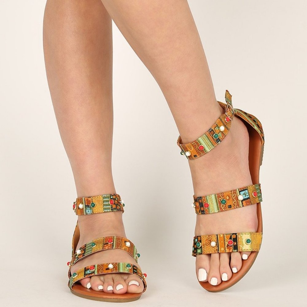 Anna Woven Beaded Triple Strap Boho Tribal Print Vacation Summer Flat Sandals